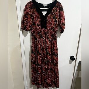 J gee Red and Black Puff Sleeve V-Neck Maxi Sundress